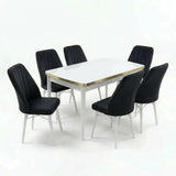 Verona Set Masa Extensibila (Marmura Alba)  80x 135 (80 x 178) Si Scaun 6 Buc, Aur Detalii, Horeca, Bucatarie, Living