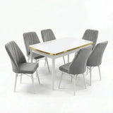 Verona Set Masa Extensibila (Marmura Alba)  80x 135 (80 x 178) Si Scaun 6 Buc, Aur Detalii, Horeca, Bucatarie, Living