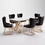 Set Masă și 6 Scaune Luxury Lord, Stil Elegant, Detalii Aurii, 85x160 cm, Blat Marmorat Alb