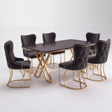 Set Masa şi 6 Scaune Luxury Lord, Stil Elegant, Detalii Aurii, 85x160 cm, Blat Marmorat Negru