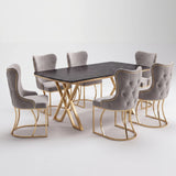 Set Masa şi 6 Scaune Luxury Lord, Stil Elegant, Detalii Aurii, 85x160 cm, Blat Marmorat Negru