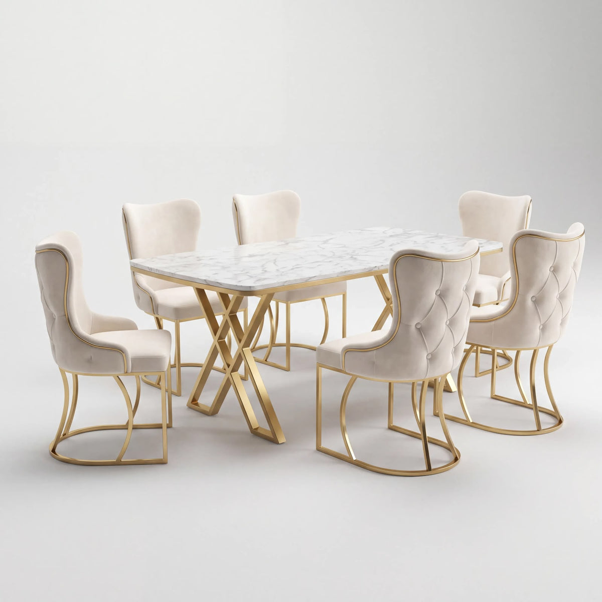 Set Masă și 6 Scaune Luxury Lord, Stil Elegant, Detalii Aurii, 85x160 cm, Blat Marmorat Alb