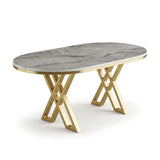 Set Masa şi 6 Scaune Monza, Stil Elegant, Detalii Aurii, 85x160 cm, Blat Marmorat Bermuda Gri