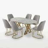 Set Masa şi 6 Scaune Monza, Stil Elegant, Detalii Aurii, 90x180 cm, Blat Marmorat Alba