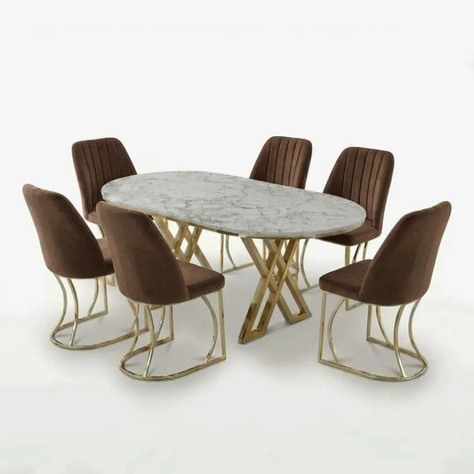 Set Masa şi 6 Scaune Monza, Stil Elegant, Detalii Aurii, 90x180 cm, Blat Marmorat Alba