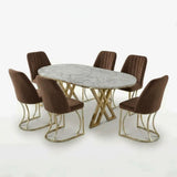Set Masa şi 6 Scaune Monza, Stil Elegant, Detalii Aurii, 90x180 cm, Blat Marmorat Alba
