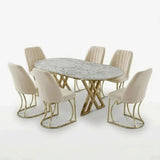 Set Masa şi 6 Scaune Monza, Stil Elegant, Detalii Aurii, 90x180 cm, Blat Marmorat Alba