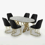 Set Masa şi 6 Scaune Monza, Stil Elegant, Detalii Aurii, 90x180 cm, Blat Marmorat Alba