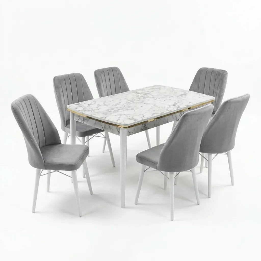 Verona Set Masa Extensibila (Marmura Alba)  80x 135 (80 x 178) Si Scaun 6 Buc, Aur Detalii, Horeca, Bucatarie, Living