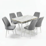 Verona Set Masa Extensibila (Marmura Alba)  80x 135 (80 x 178) Si Scaun 6 Buc, Aur Detalii, Horeca, Bucatarie, Living
