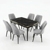 Verona Set Masa Extensibila (Negru Marmura)  80x 135 (80 x 178) Si Scaun 6 Buc, Aur Detalii, Horeca, Bucatarie, Living