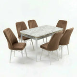 Verona Set Masa Extensibila (Marmura Alba)  80x 135 (80 x 178) Si Scaun 6 Buc, Aur Detalii, Horeca, Bucatarie, Living