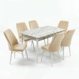Verona Set Masa Extensibila (Marmura Alba)  80x 135 (80 x 178) Si Scaun 6 Buc, Aur Detalii, Horeca, Bucatarie, Living