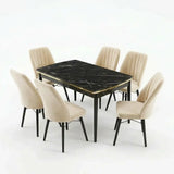 Verona Set Masa Extensibila (Negru Marmura)  80x 135 (80 x 178) Si Scaun 6 Buc, Aur Detalii, Horeca, Bucatarie, Living