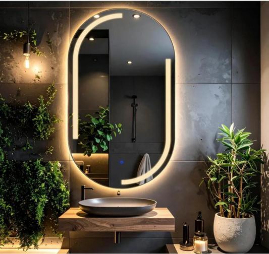 Oglindă decorativă ovală cu LED tactil, 60x80 cm, semiplutitoare, sablată