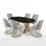 Set Masa şi 6 Scaune Monza, Stil Elegant, Detalii Aurii, 90x180 cm, Blat Marmorat Negru,