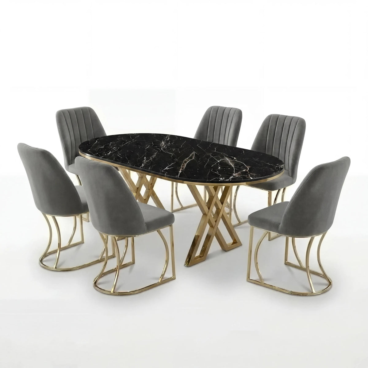 Set Masa şi 6 Scaune Monza, Stil Elegant, Detalii Aurii, 90x180 cm, Blat Marmorat Negru,