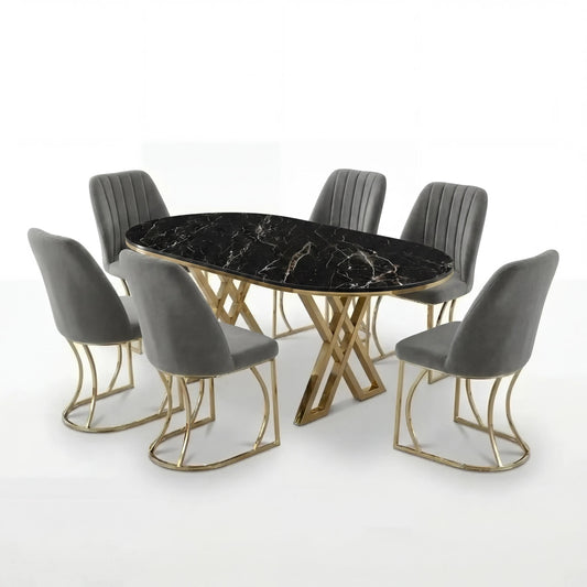 Set Masa şi 6 Scaune Monza, Stil Elegant, Detalii Aurii, 90x180 cm, Blat Marmorat Negru,