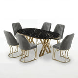 Set Masa şi 6 Scaune Monza, Stil Elegant, Detalii Aurii, 90x180 cm, Blat Marmorat Negru,