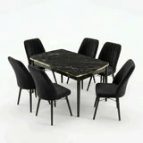 Verona Set Masa Extensibila (Negru Marmura)  80x 135 (80 x 178) Si Scaun 6 Buc, Aur Detalii, Horeca, Bucatarie, Living