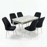 Verona Set Masa Extensibila (Marmura Alba)  80x 135 (80 x 178) Si Scaun 6 Buc, Aur Detalii, Horeca, Bucatarie, Living