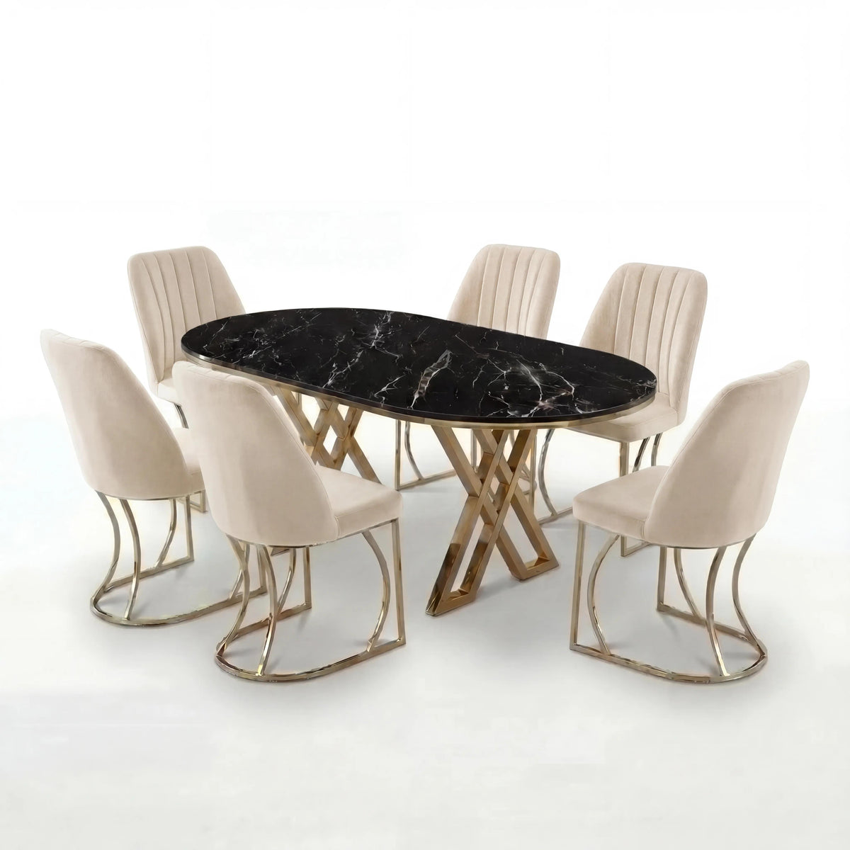 Set Masa şi 6 Scaune Monza, Stil Elegant, Detalii Aurii, 90x180 cm, Blat Marmorat Negru,