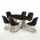 Set Masa şi 6 Scaune Monza, Stil Elegant, Detalii Aurii, 90x180 cm, Blat Marmorat Negru,